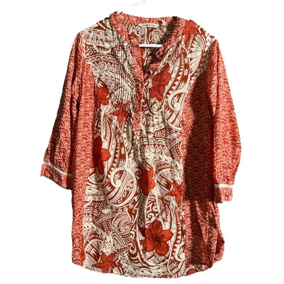 Soft Surroundings Tunic Top XS Coral Mixed Print Tropical Boho Prairie Peasant - Picture 1 of 6